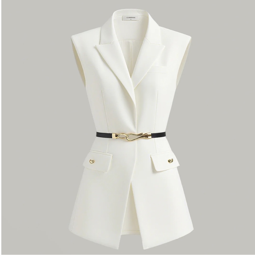 Commense Ivory Sleeveless Blazer with Gold Accents